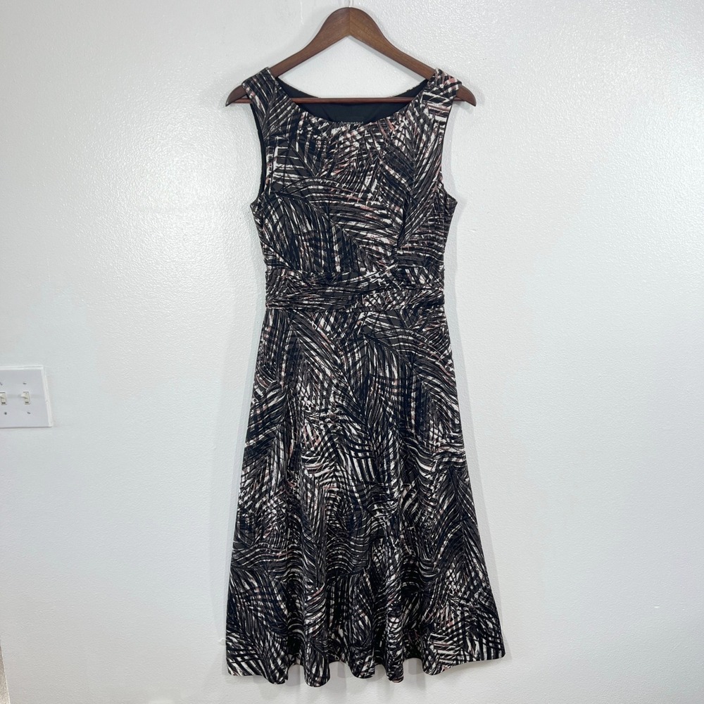 Connected Apparel Palm Print Dress Womens 6 Black Pink Ruched Tropical
